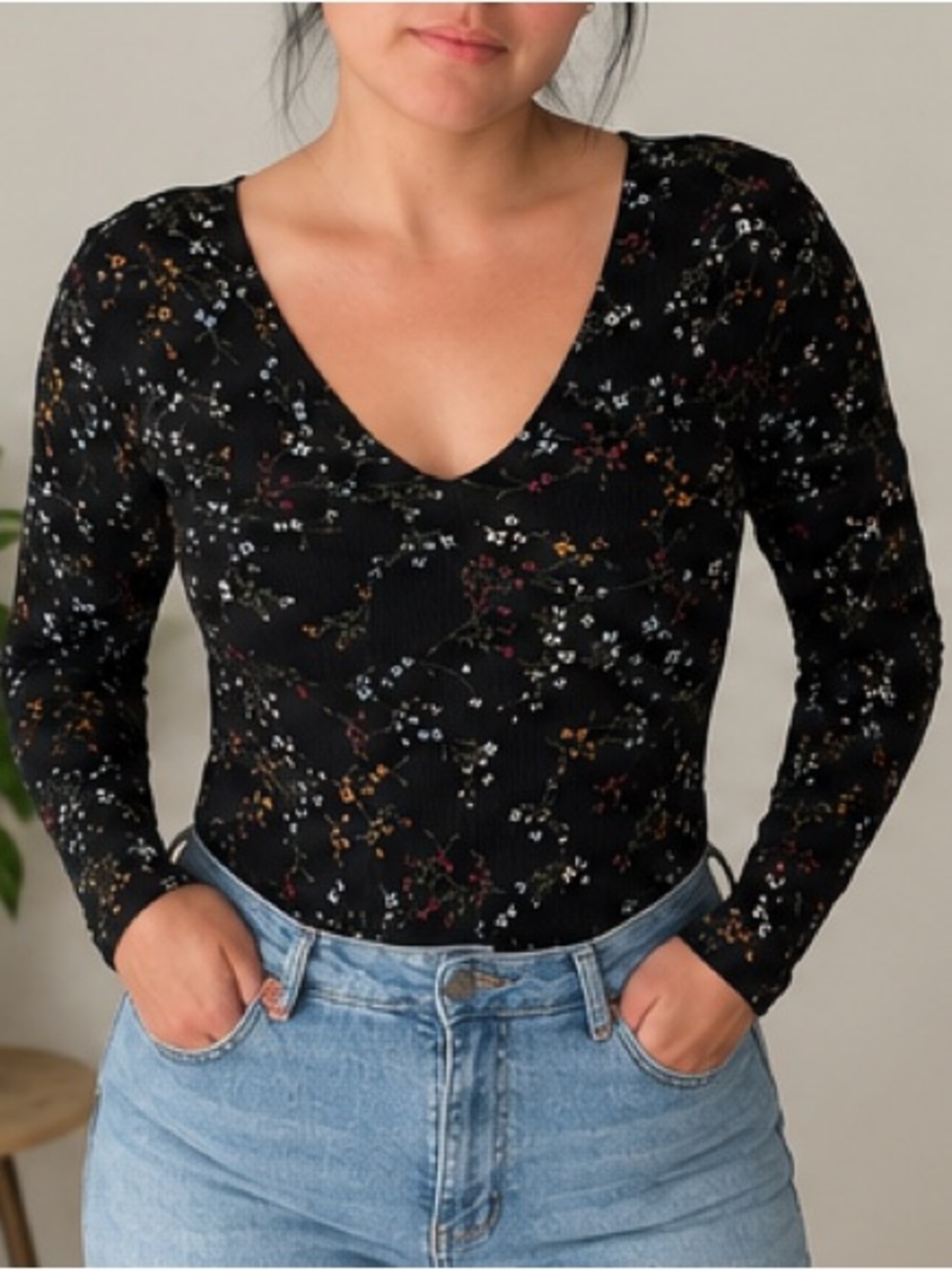H&M Black Floral Ribbed V-Neck Long-Sleeve Bodysuit